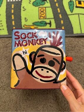 Sock Monkey Jack in the Box 2008 Square Tin Can Toy Plays Pop Goes the Weasel